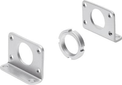 Supports métalliques et anneau fileté sur fond blanc.