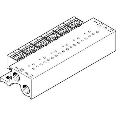 Dessin au trait d'un bloc de vannes avec plusieurs ports de connexion, numérotés de 1 à 33, montrant la disposition des ports.