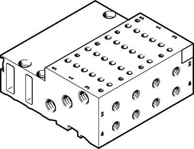 Dessin technique d'un composant rectangulaire avec plusieurs perçages et numérotations. Vue de dessus et vue latérale sont visibles.
