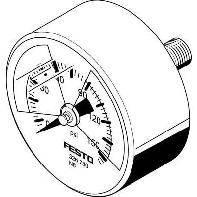 Dessin d'un manomètre avec échelle en psi ; le nom de marque 'FESTO' visible en bas. Indique une plage de 0 à 150 psi, l'aiguille pointant sur 0 psi.