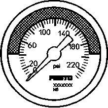 Un manomètre indique 0 à 220 psi, avec l'aiguille pointant sur environ 30 psi. La plage de 140 à 220 psi est hachurée en noir.