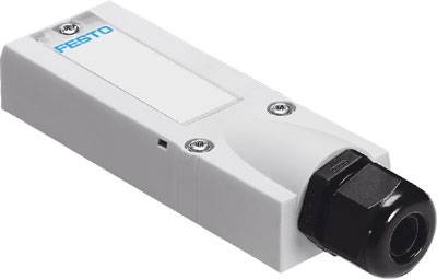 Un dispositif rectangulaire avec le logo Festo en bleu. Il a un capuchon noir à une extrémité et est destiné à la technique de test.