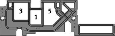 Diagramme d'une pièce technique avec des sections numérotées 3 et 5 à gauche pour l'orientation, un rectangle ouvert est visible à droite.