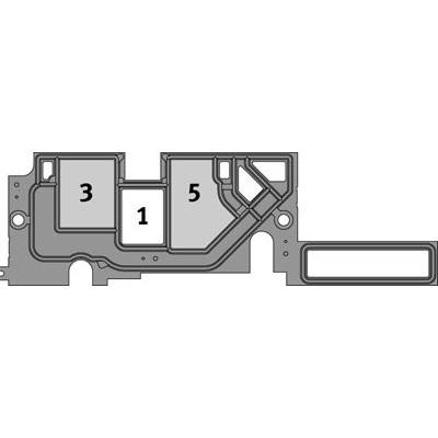 Diagramme d'une disposition avec cinq zones numérotées, avec les zones 1 et 3 mises en évidence à gauche et la zone 5 mise en évidence à droite.