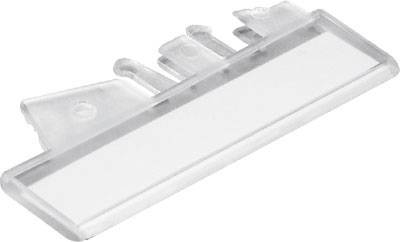 Un clip en plastique transparent, rectangulaire, avec des coins arrondis et un système d'accrochage pour se fixer à une surface.