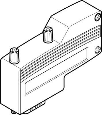 Dessin technique d'un composant électrique de forme rectangulaire, avec des vis et des connexions.