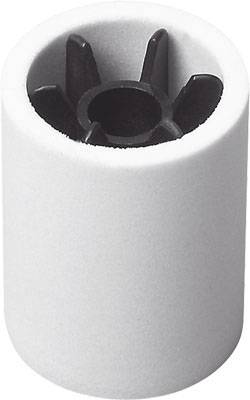 Un objet cylindrique blanc avec un insert noir en forme d'étoile au centre, probablement une pièce technique ou mécanique.