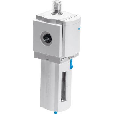 Un filtre à air comprimé blanc de forme cylindrique avec des marquages bleus et une partie supérieure transparente.