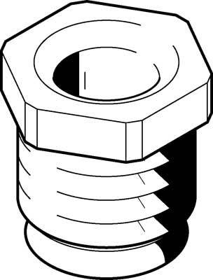 Dessin technique en noir et blanc d'un écrou métallique à tête hexagonale et filetage, vu en perspective du dessus.