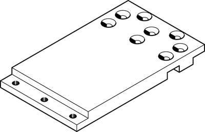 Dessin technique d'une pièce métallique rectangulaire avec plusieurs trous percés répartis de manière uniforme.