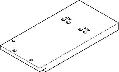 Dessin isométrique d'une tôle métallique rectangulaire avec des trous de perçage. Quatre trous en haut, deux en bas.