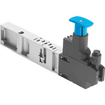Une vanne pneumatique avec une poignée bleue et un socle de montage argenté, utilisée dans des applications industrielles pour contrôler les flux d'air.