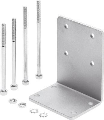 Support d'angle en métal avec quatre vis, écrous et deux bagues de sécurité. Utilisé pour fixer des objets aux murs ou aux sols.