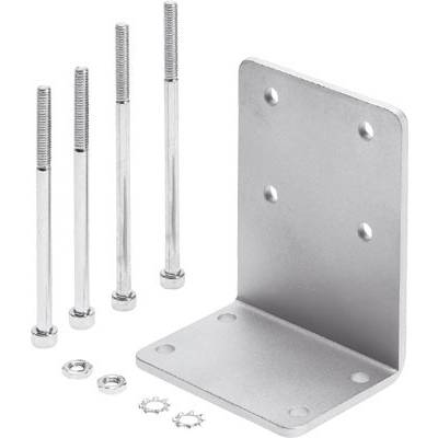 Support d'angle en métal avec quatre vis, écrous et deux bagues de sécurité. Utilisé pour fixer des objets aux murs ou aux sols.
