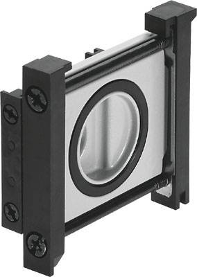 Une pièce métallique rectangulaire avec un support noir et une zone intérieure ronde argentée, probablement un composant technique.