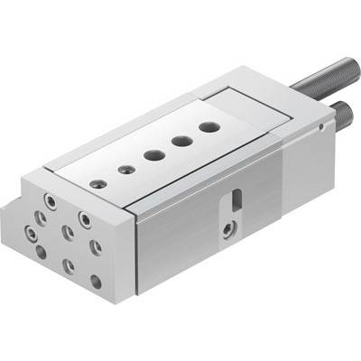 Guide linéaire pneumatique avec plusieurs trous de fixation et deux tubes, utilisée pour le contrôle précis des mouvements dans les machines.