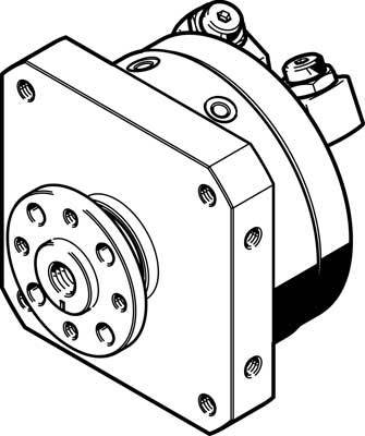 Dessin technique d'un moteur-réducteur avec une plaque de fixation hexagonale, plusieurs vis et des connexions rondes en haut.