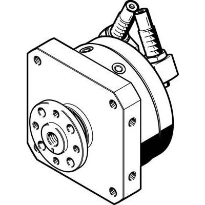 Dessin technique d'un bride mécanique avec des trous de vis et deux tuyaux raccordés en haut.