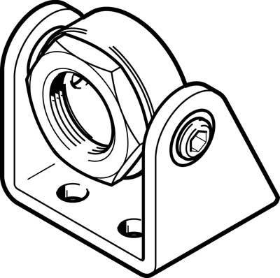 Dessin technique d'un palier de boîtier rond avec bride, écrou et vis, monté sur une plaque rectangulaire.