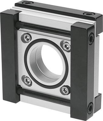 Boîtier de palier métallique avec ouverture cylindrique au centre, entouré de quatre vis de fixation.
