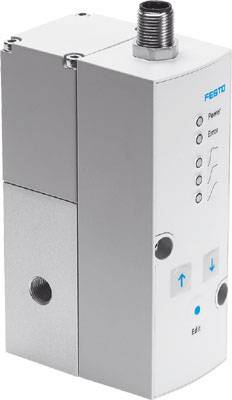 Vanne industrielle avec indicateurs de statut pour l'alimentation, les erreurs et les fonctions. Deux interrupteurs pour contrôler la direction du flux d'air.