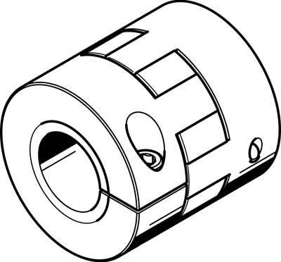 Illustration d'un accouplement cylindrique avec des ouvertures latérales et des vis de fixation, présenté en vue isométrique.