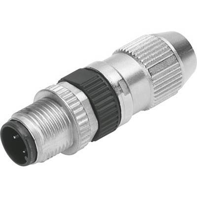 Une fiche métallique avec plusieurs rainures, bague noire et broches de contact saillantes, adaptée aux câblages industriels.