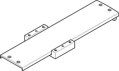 Dessin technique d'une plaque métallique rectangulaire avec deux supports latéraux et des trous de vis à chaque angle.