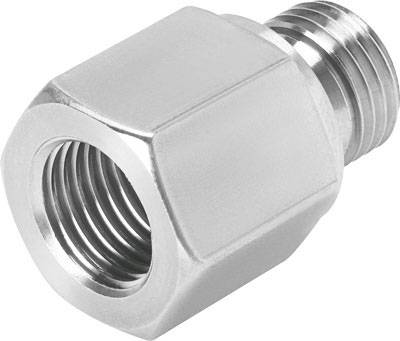 Raccord de réduction hexagonal métallique avec filetage intérieur et extérieur, utilisé dans les installations de tuyauterie pour adapter différents diamètres.