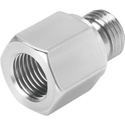 Raccord de réduction hexagonal métallique avec filetage intérieur et extérieur, utilisé dans les installations de tuyauterie pour adapter différents diamètres.