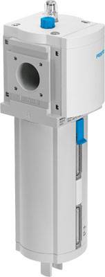 Filtre industriel avec un cylindre gris et une vis de réglage bleue en haut, utilisé pour purifier l'air comprimé dans les systèmes d'automatisation.