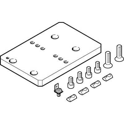 Illustration d'un kit de montage : plaque rectangulaire avec des trous, sept vis, un anneau de mise à la terre, six attaches de fixation.
