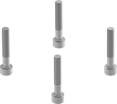Quatre vis uniformément réparties, filetées et à tête plate, fabriquées en métal, sur un fond blanc.