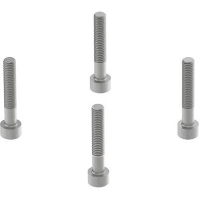 Quatre vis uniformément réparties, filetées et à tête plate, fabriquées en métal, sur un fond blanc.