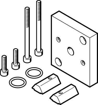 Illustration d'accessoires de montage : vis, rondelles, deux éléments en forme de coin et une plaque percée.