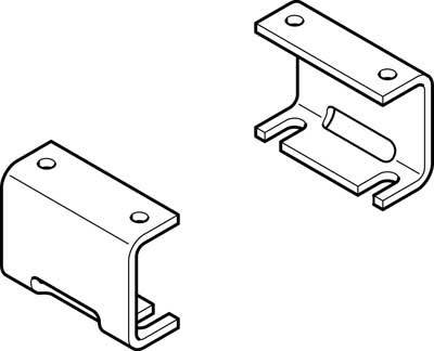 Deux représentations schématiques de clips métalliques ; l'une montre le recto, l'autre le verso, avec des trous de fixation.