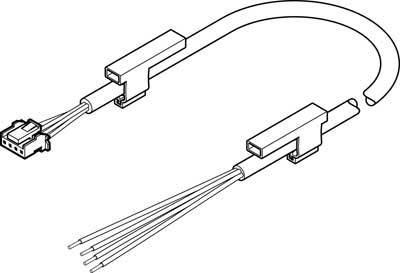 Dessin technique en noir et blanc d'un câble à plusieurs fils avec des connecteurs rectangulaires à chaque extrémité.