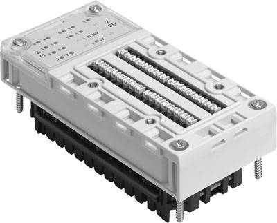 Un élément de connexion électrique rectangulaire avec plusieurs bornes de raccordement et vis, adapté aux câblages complexes.