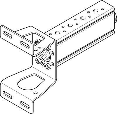 Dessin technique d'un équerre métallique avec des trous pour fixations par vis et une poutre rectangulaire en métal.