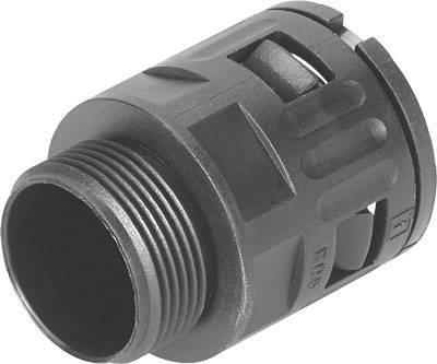 Filetage cylindrique en plastique noir, avec des encoches latérales et un motif rainuré, illustrant une technique de connexion.