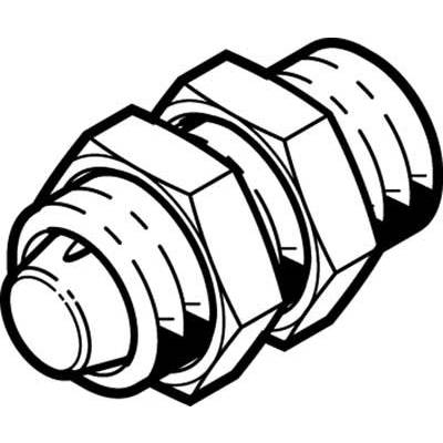 Dessin technique d'un raccord de tuyauterie, composé d'un filetage, de deux écrous hexagonaux et d'un raccordement cylindrique.