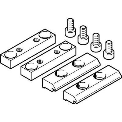 Trois plaques métalliques rectangulaires avec des vis au-dessus. Chaque plaque présente des perforations pour les vis. Représentation de composants techniques.
