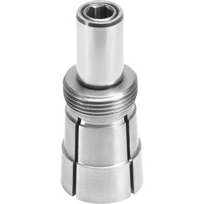 Adaptateur de mandrin métallique avec rainures et arrondis, utilisé dans les outils pour connecter les forets et les machines.