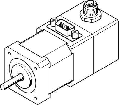 Schéma simple d'un moteur électrique de forme rectangulaire avec un arbre axial. Deux bornes sont visibles en haut.