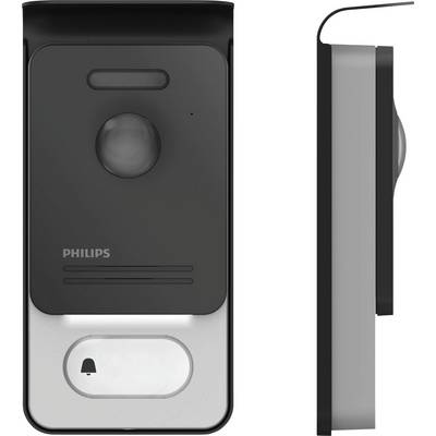 'Sonnette intelligente avec caméra et microphone de Philips. Vue de face et de côté. Convient pour la vidéosurveillance et la communication.'