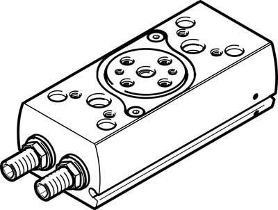 Un diagramme technique représente un dispositif ou un composant mécanique avec plusieurs ouvertures et deux éléments de connexion sur un côté.