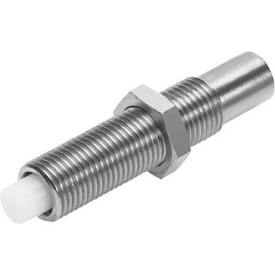 Vis métallique filetée avec écrou hexagonal, vue de côté. Couleur argent, avec extrémité blanche.