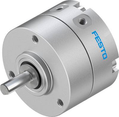 Un actionneur rotatif pneumatique argenté avec l'inscription bleue 'FESTO', de forme cylindrique, avec arbre visible, adapté aux applications industrielles.