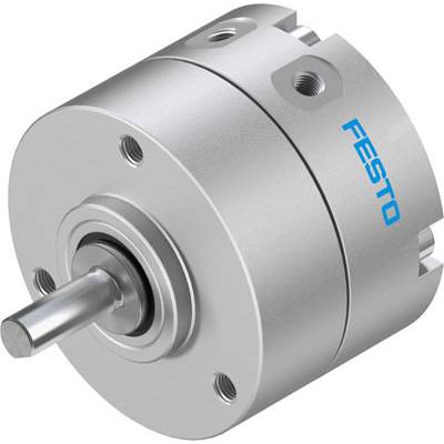 Un actionneur rotatif pneumatique argenté avec l'inscription bleue 'FESTO', de forme cylindrique, avec arbre visible, adapté aux applications industrielles.