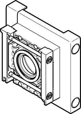 Dessin technique d'un boîtier de roulement avec ouverture cylindrique et éléments de fixation aux angles.